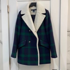 French connection size small plaid pea coat with faux shearling collar